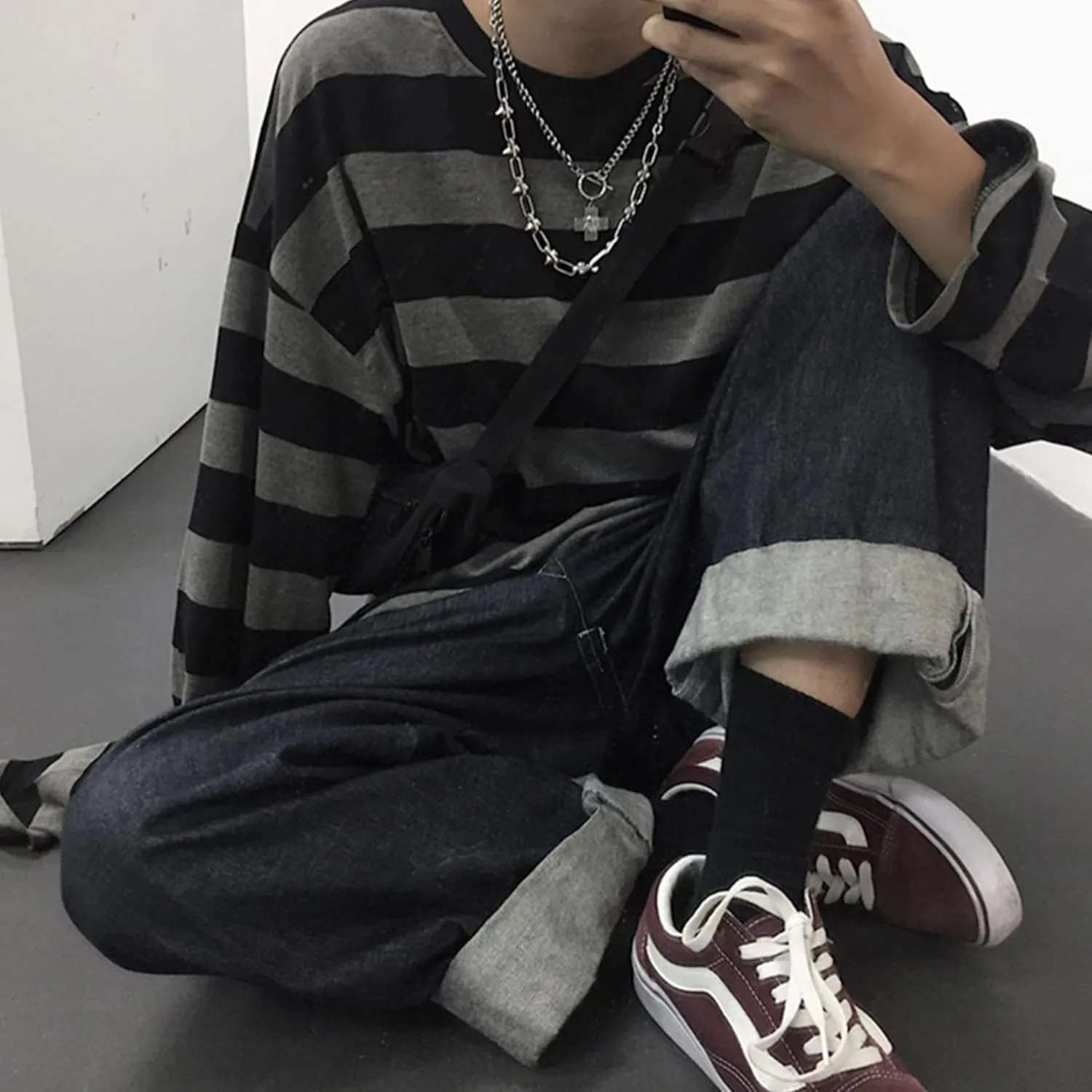 Zhiyouni Womens Stripe Shirt Oversized Casual Loose Long Sleeves Pullovers Couples Shirts Sweatshirt