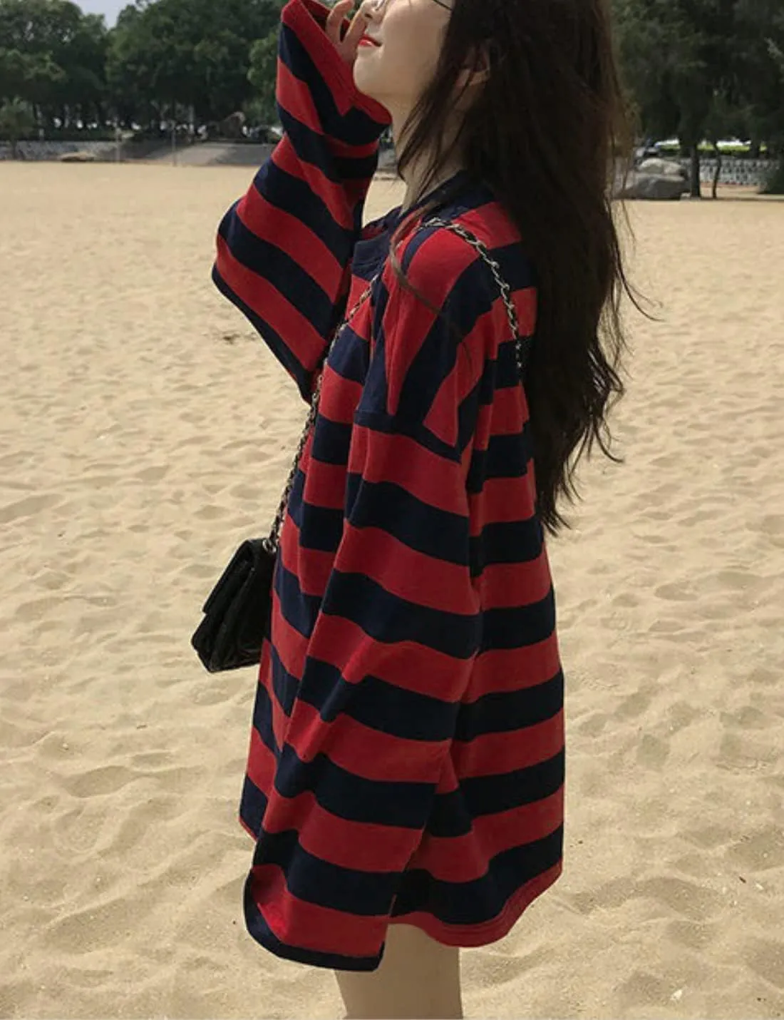 Zhiyouni Womens Stripe Shirt Oversized Casual Loose Long Sleeves Pullovers Couples Shirts Sweatshirt