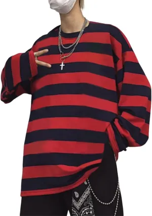 Zhiyouni Womens Stripe Shirt Oversized Casual Loose Long Sleeves Pullovers Couples Shirts Sweatshirt