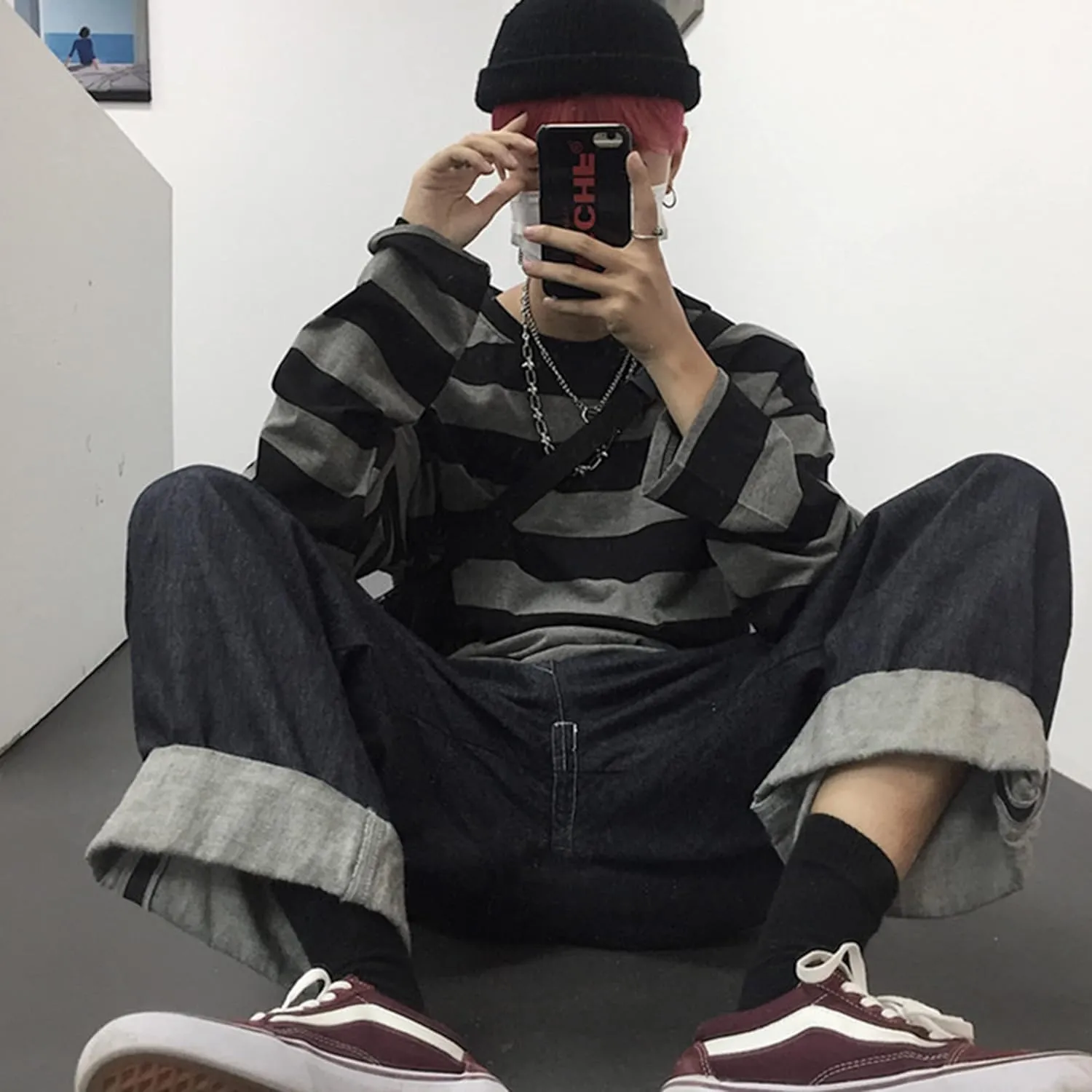 Zhiyouni Womens Stripe Shirt Oversized Casual Loose Long Sleeves Pullovers Couples Shirts Sweatshirt