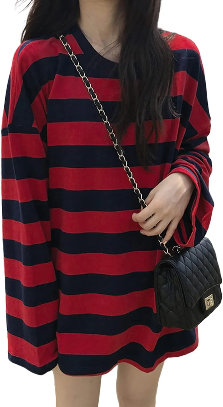 Zhiyouni Womens Stripe Shirt Oversized Casual Loose Long Sleeves Pullovers Couples Shirts Sweatshirt
