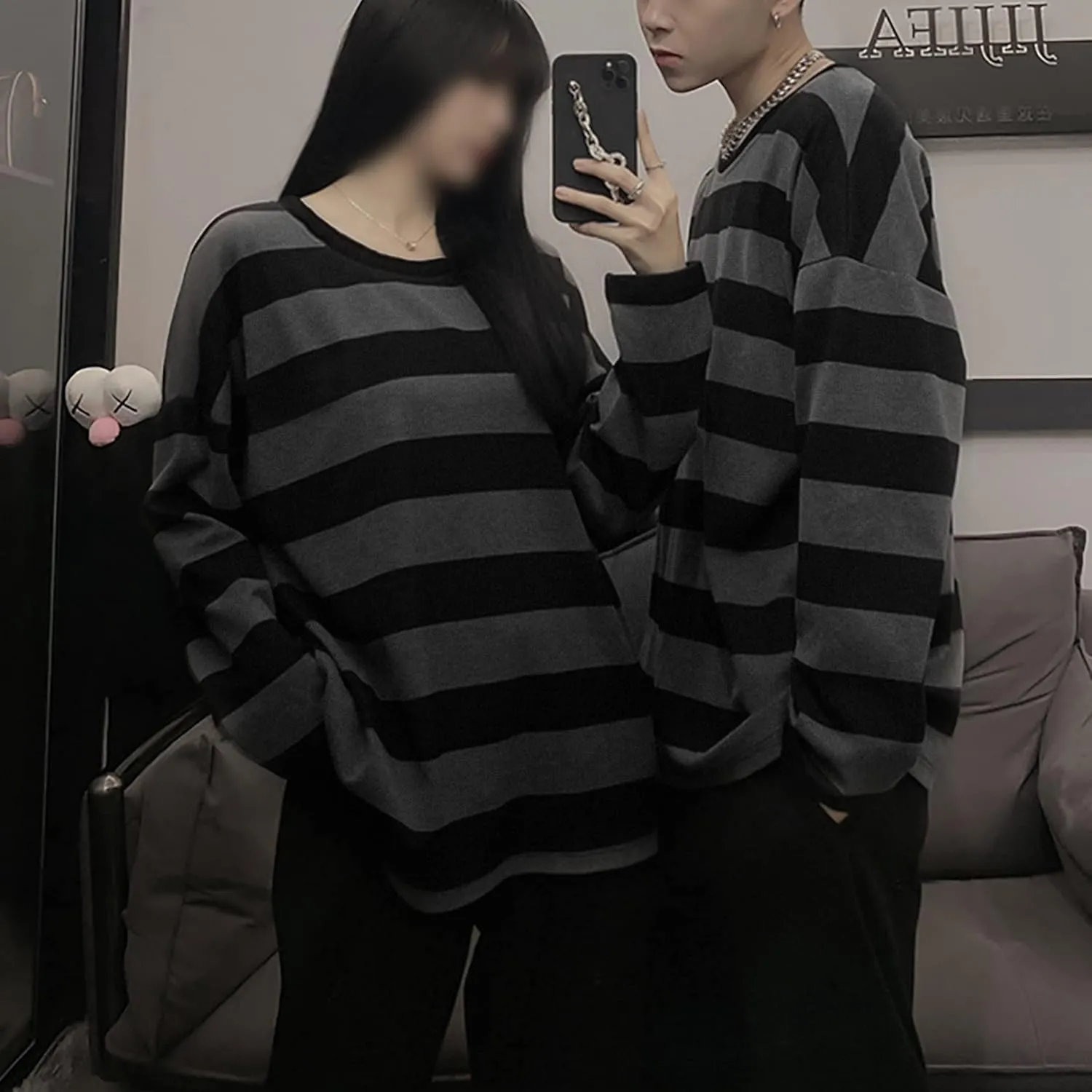 Zhiyouni Womens Stripe Shirt Oversized Casual Loose Long Sleeves Pullovers Couples Shirts Sweatshirt