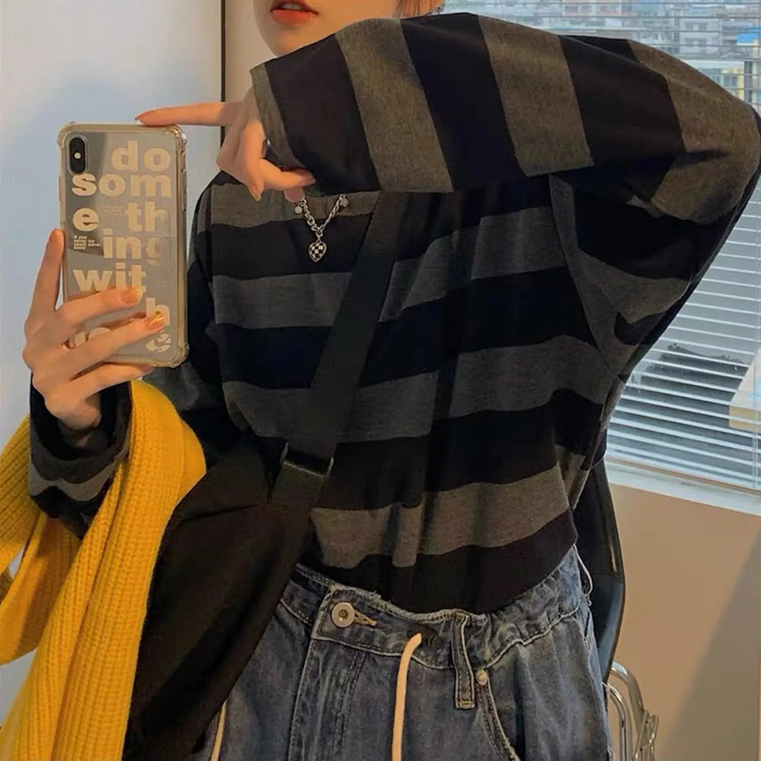 Zhiyouni Womens Stripe Shirt Oversized Casual Loose Long Sleeves Pullovers Couples Shirts Sweatshirt