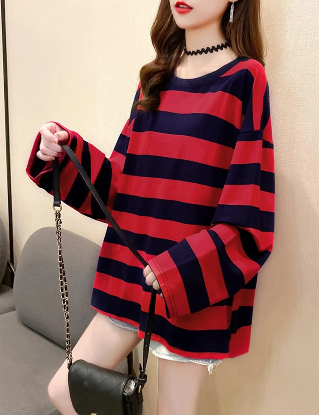 Zhiyouni Womens Stripe Shirt Oversized Casual Loose Long Sleeves Pullovers Couples Shirts Sweatshirt
