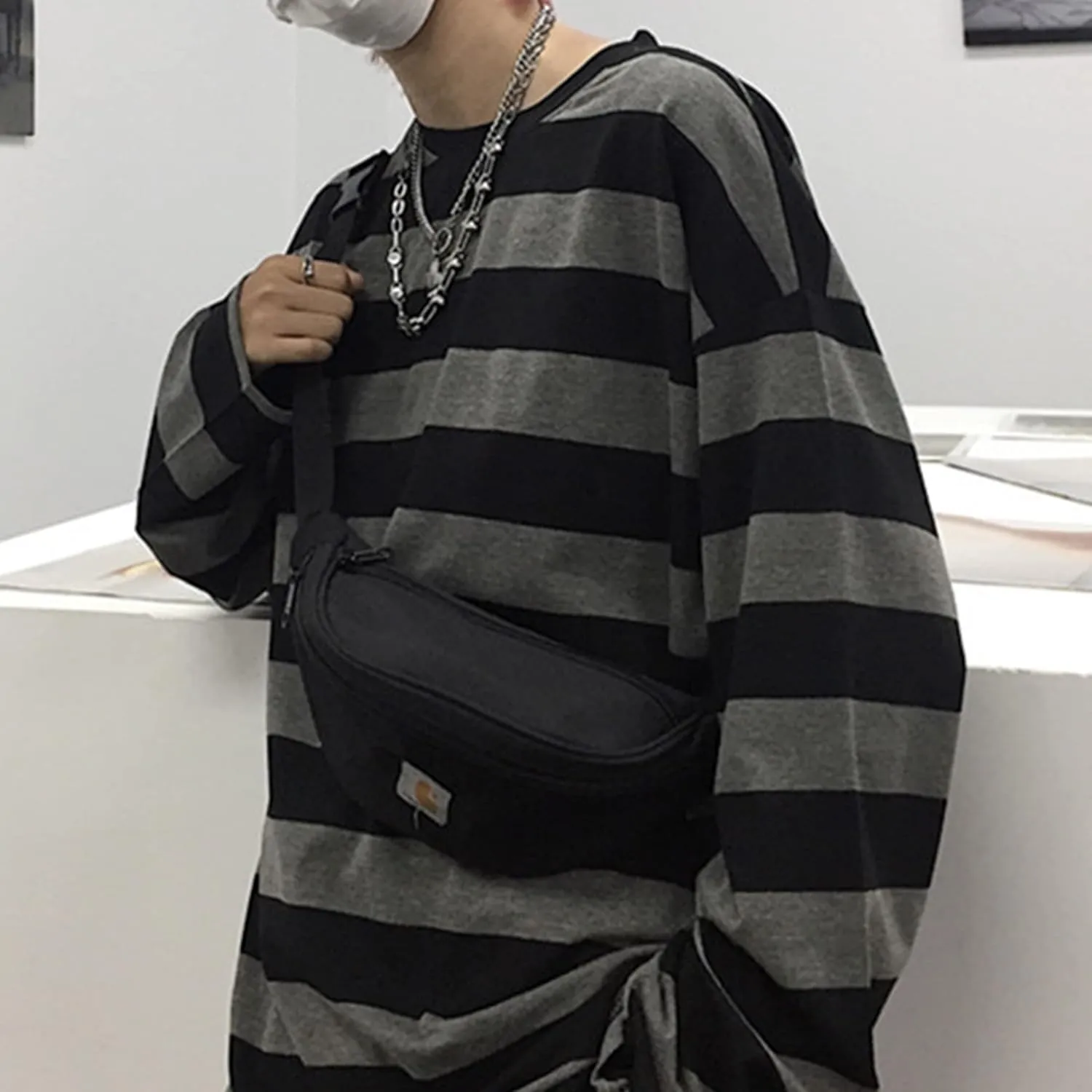 Zhiyouni Womens Stripe Shirt Oversized Casual Loose Long Sleeves Pullovers Couples Shirts Sweatshirt