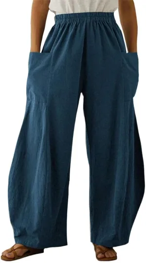 ZOCAVIA Womens Cotton Linen Pants Elastic Waist Harem Pants Beach Pants Wide Leg Pants Casual Lightweight Lantern Trouser